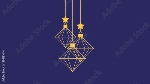 Three elegant diamond shaped ornaments hanging on strings with stars on dark blue background for festive holiday and gala decorations.