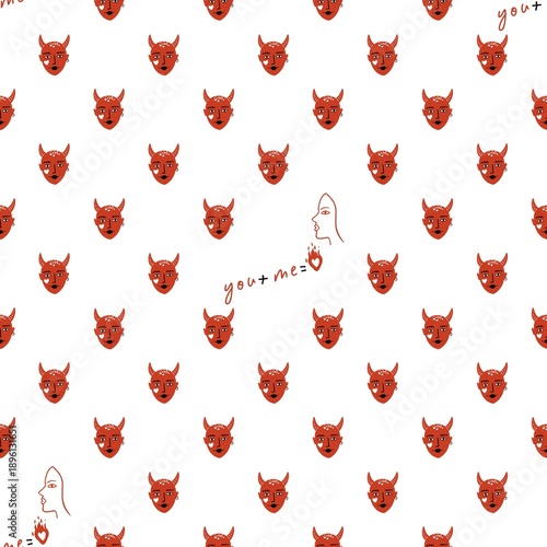 Cute Valentine Devils Seamless Pattern with Hearts in hand drawn style on White Background
