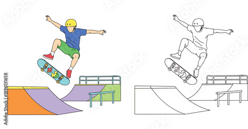 Young skateboarder jumping in skate park vector illustration with colorful and black and white outline coloring page style