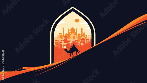 Silhouette of a camel rider traveling through the desert seen through a traditional mosque archway at sunset.