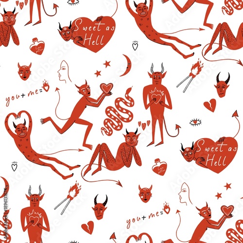 Cute Valentine Devils Seamless Pattern with Hearts in hand drawn style on White Background
