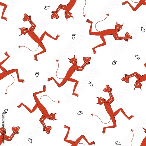 Cute Valentine Devils Seamless Pattern with Hearts in hand drawn style on White Background
