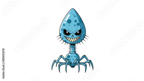 Scary cartoon germ monster character with sharp teeth many eyes and insect legs on a plain white background.