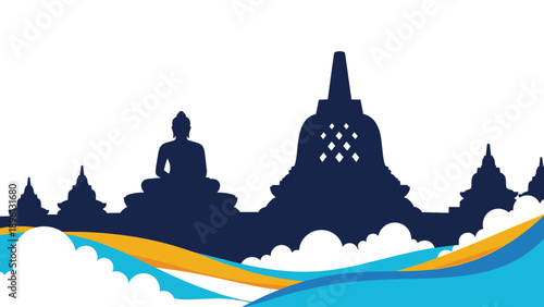 Dark silhouette of Borobudur temple and Buddha statue against blue and orange waves with white fluffy clouds.