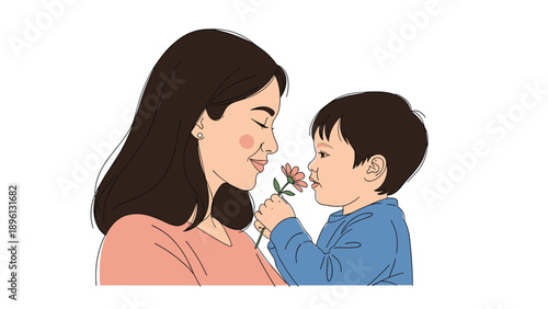 Mother and young son smelling pink flower together in profile for heartwarming mother child bond and spring seasonal celebration themes.