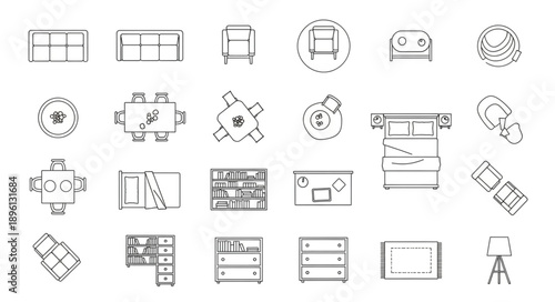 Collection of hand-drawn architectural and furniture plan icons.