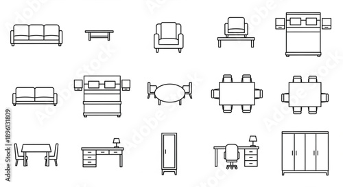 Collection of hand-drawn furniture icons for interior design.