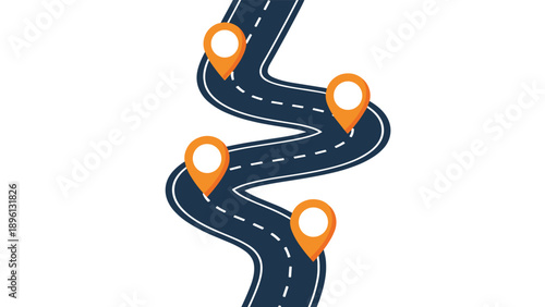 Dark winding road featuring several orange map pins marks a journey or navigation path with multiple points of interest or stops.