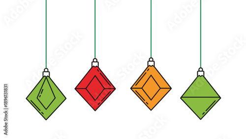 Set of four hanging diamond shaped ornaments in green, red, and orange colors provides a decorative element for festive holiday themes.