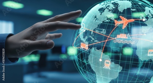 Global logistics concept, hand rotating virtual earth with plane and ship icons, representing freight forwarding, international transport, and trade routes.
