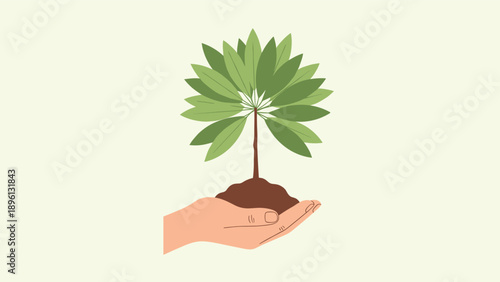 Caring hand holding a sapling with large green leaves represents environmental stewardship, gardening, and the nurturing of new life.