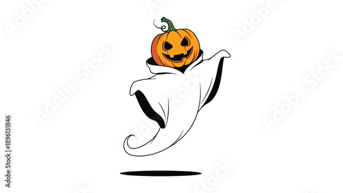 Spooky flying ghost with a carved pumpkin head and a wide grin creates a classic and fun halloween character for decorations and cards.