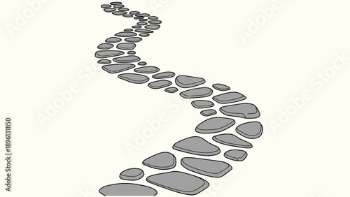 Winding stone path made of grey pebbles leads into the distance, representing a journey, progress, or a way forward in a garden.