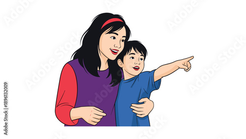 Asian mother and her young son are looking and pointing towards something exciting in the distance with happy faces.