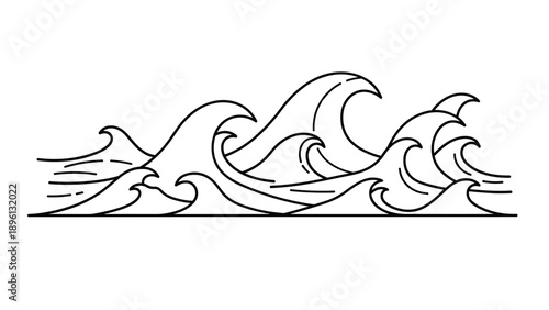 Simple line art drawing of crashing ocean waves against a white background for marine and coastal design themes.