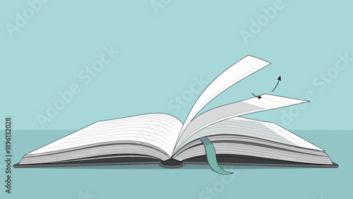 Illustrated open book with pages blowing in the wind and a teal bookmark on a light blue and white background scene.
