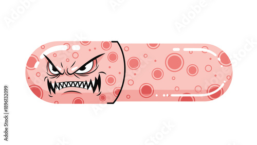 Grumpy pink capsule-shaped germ or bacteria character with sharp teeth and an angry expression on white background.