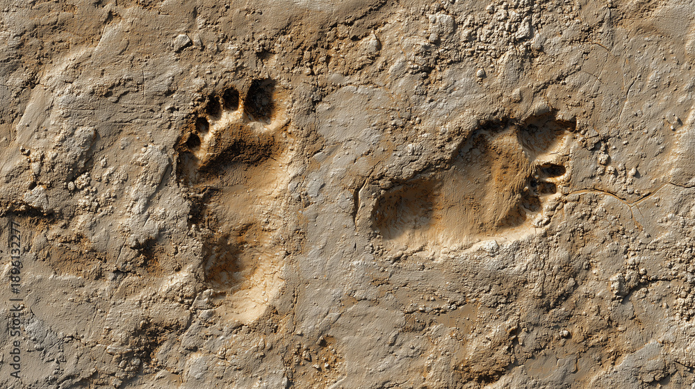 Obraz premium A top-down view of clearly defined human footprints pressed into compacted dark soil, representing a journey, environmental impact, or human presence in nature.