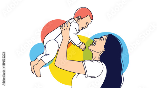 Happy mother lifting her smiling baby in the air against a vibrant background of colorful overlapping circles.
