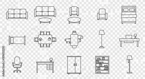 Collection of hand-drawn furniture icons on a transparent background.