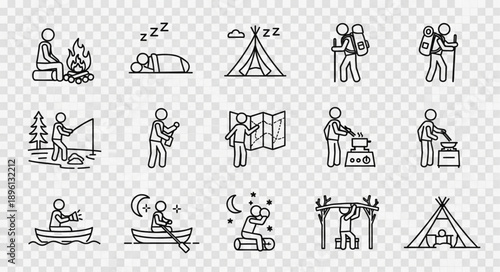 Collection of hand-drawn icons representing outdoor leisure activities and camping.