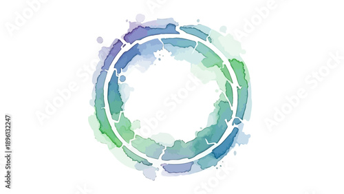 Abstract watercolor circle with organic shapes and blue and green colors.