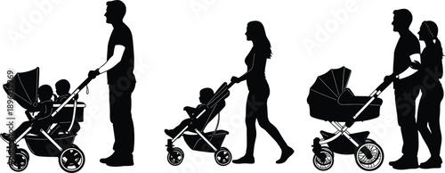 Silhouette of adults pushing strollers, family caregiving scene, black vector illustration, parenting concept, child transport, diverse stroller designs, white background