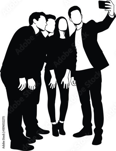 Silhouette of four people taking selfie, black vector illustration, casual group pose, smartphone in hand, modern attire, social moment, white background