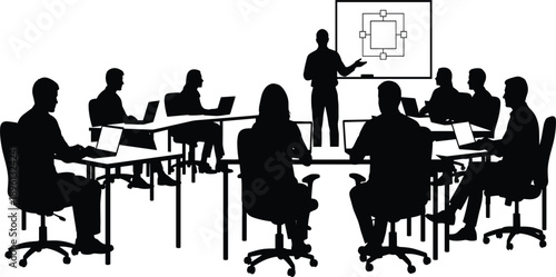 Silhouette of people in training session, black vector illustration, laptop users, presenter with screen, teamwork concept, corporate meeting, educational environment