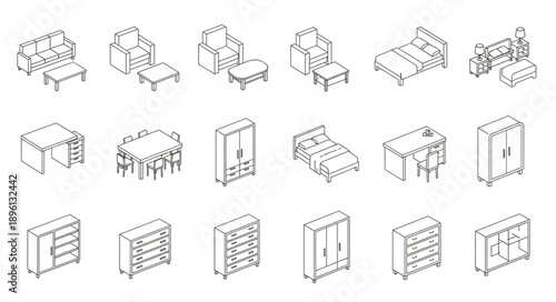 Collection of Isometric Furniture Icons in Sketch Style.