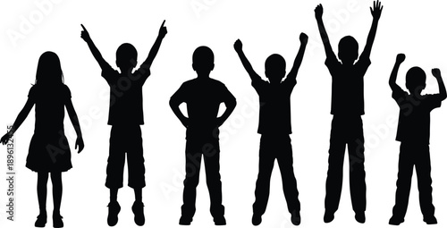 Silhouette of joyful children celebrating, expressive poses, black vector illustration, standing in row, white background, happy kids, energetic body language