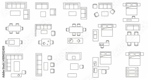 Collection of interior design floor plan sketches for furniture arrangement.