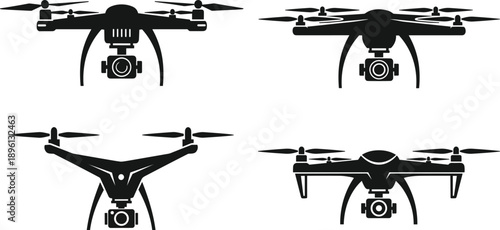 Silhouette of quadcopter drones with cameras, front view, black vector illustration, aerial photography concept, drone technology, unmanned flying devices