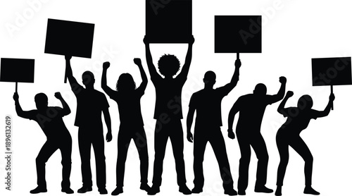 Silhouette protest group holding signs, raised fists in unity, black vector illustration, social activism concept, demonstration crowd, collective action, white background