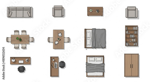 Collection of modern furniture items seen from above.