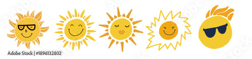 Set of expressive sun characters with different facial expressions. Cheerful vector illustrations ideal for children’s designs, stickers, posters, educational materials, and playful branding.