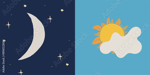 Day and night illustration showing crescent moon and sun behind a cloud. Celestial vector artwork representing balance and time, suitable for educational graphics, posters, and creative designs.
