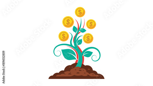 Conceptual illustration of a money plant growing from soil with gold coins instead of flowers, representing investment and wealth growth.