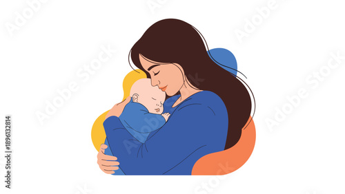 Tender illustration of a mother holding her sleeping baby close, capturing a peaceful moment of parenthood and maternal love.