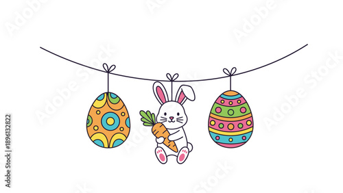 Easter celebration banner with a cute bunny holding a carrot hanging between two colorful decorated eggs on a string.