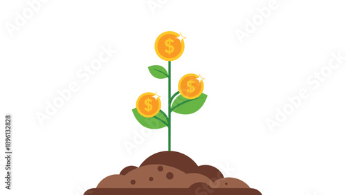 Illustration of a small green plant growing from brown soil with shiny gold dollar coins as its leaves to symbolize financial growth.