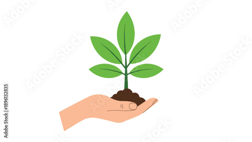 Simple graphic illustration of a human hand holding a small green plant in soil, symbolizing environment protection and sustainability.