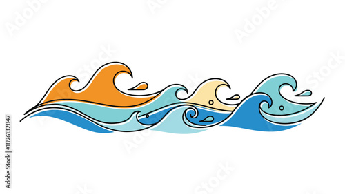 Stylized ocean waves illustration in various shades of blue and orange, capturing the movement of the sea in a modern graphic art style.