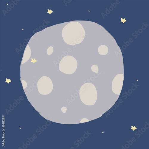 Moon illustration with craters and small stars on a dark night sky background. Simple celestial vector artwork suitable for posters, prints, children’s designs, and space-themed projects.