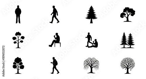 Collection of Silhouette Icons Representing People and Trees.
