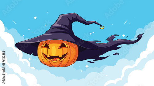 Smiling halloween pumpkin wearing a tall purple witch hat and flying through a blue sky with white clouds for a playful spooky theme.