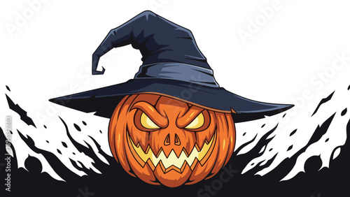 Menacing orange jack-o-lantern wearing a black witch hat against a dark background with white flame-like shapes for halloween.