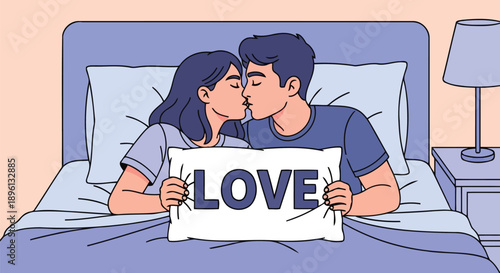Romantic couple kissing in bed holding love pillow vector illustration