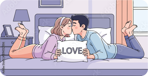 Cute couple kissing in bed holding love sign pillow vector illustration