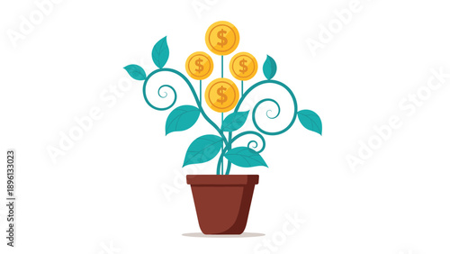 Green money tree growing in a brown pot with several gold dollar coins as fruit representing financial growth and investment success on white background.